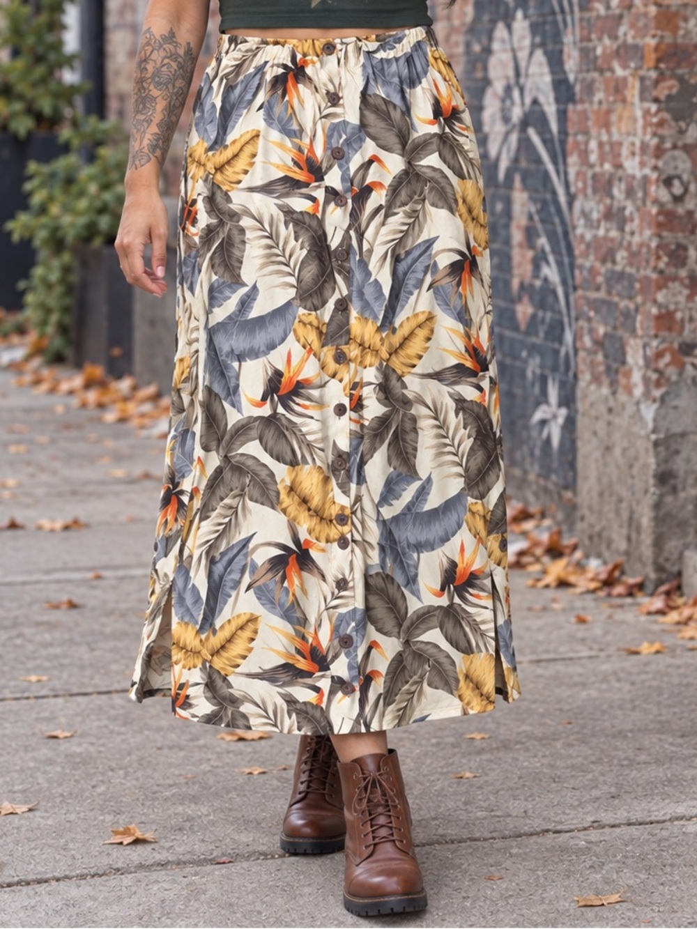 Botanical Floral Button Front Maxi Skirt Brown Yellow